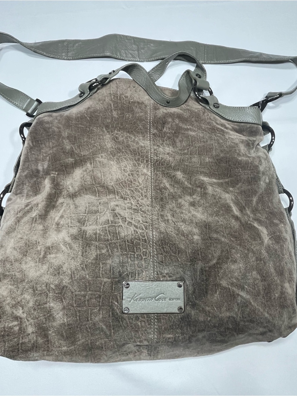 Kenneth Cole New York Suede Leather Hobo‎ Shoulder Bag Gray Brown Large Tote